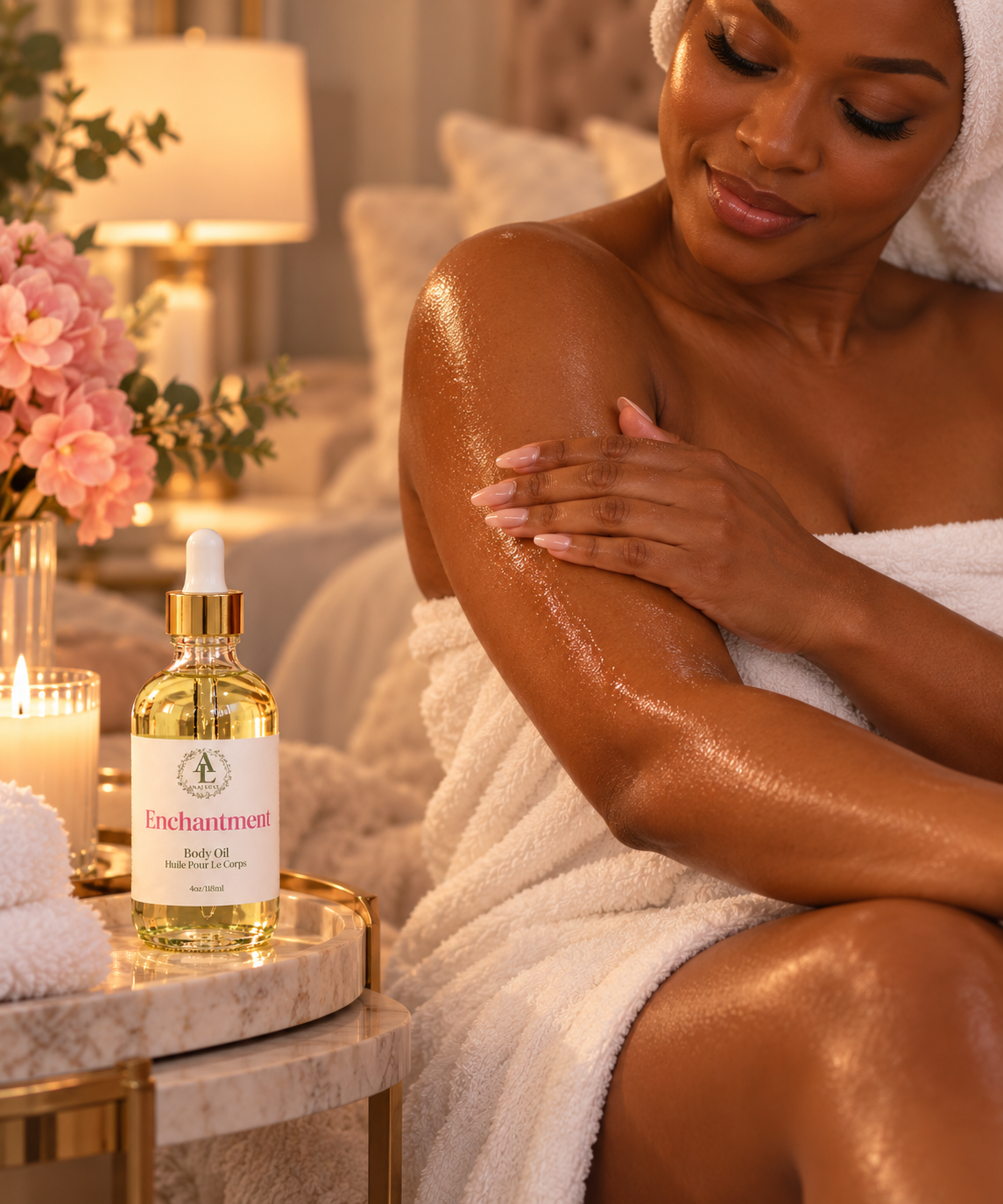 A woman wrapped in a white towel sits in a spa-like setting, applying a glossy body oil to her arm. A bottle labeled Enchantment Body Oil with a gold dropper cap sits on a marble side table beside her.