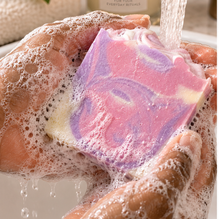 A hand-washed bar of soap with pink, purple, and cream swirls under running water, with a candle labeled 'ANAJ LUXE' in the background.