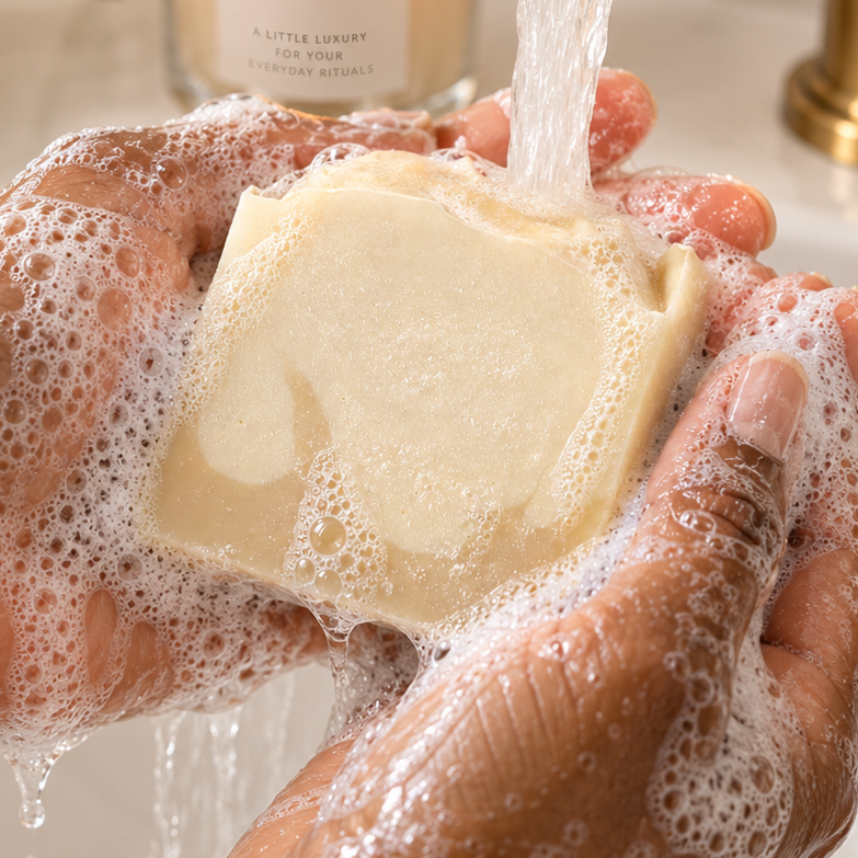A close-up of hands washing a bar of soap under running water from a brass faucet, with a lit candle labeled Anaj Luxe in the background.