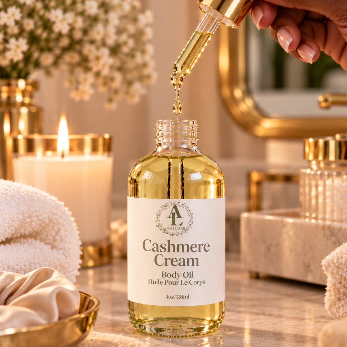 A bottle of 'Cashmere Cream' body oil with a gold dropper being held by a hand, set against a luxurious spa background with candles, flowers, and gold-toned accessories.