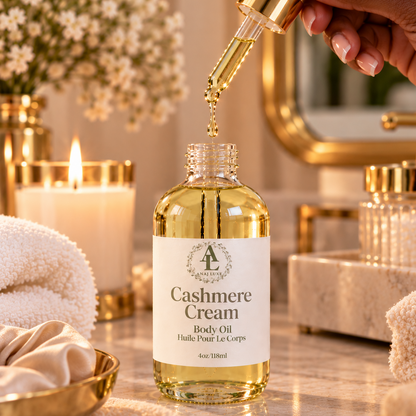 A bottle of 'Cashmere Cream' body oil with a gold dropper being held by a hand, set against a luxurious spa background with candles, flowers, and gold-toned accessories.