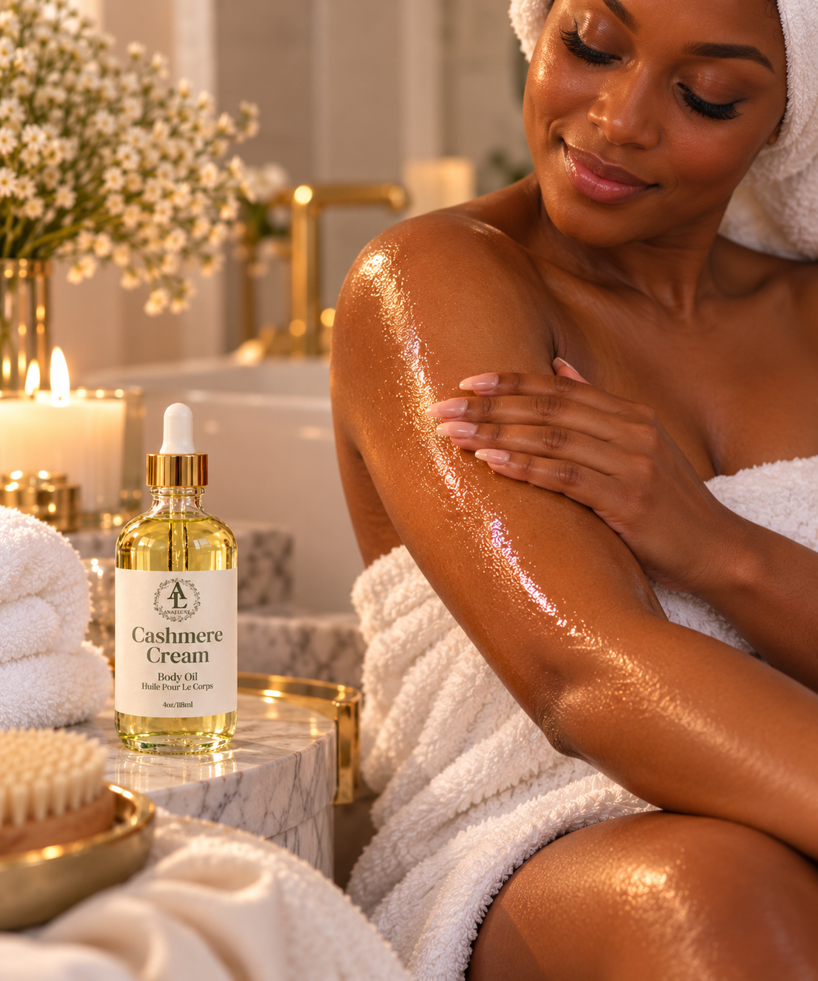 A woman wrapped in white towels sits beside a bottle of Cashmere Cream body oil, with warm spa-like lighting and flowers in the background.