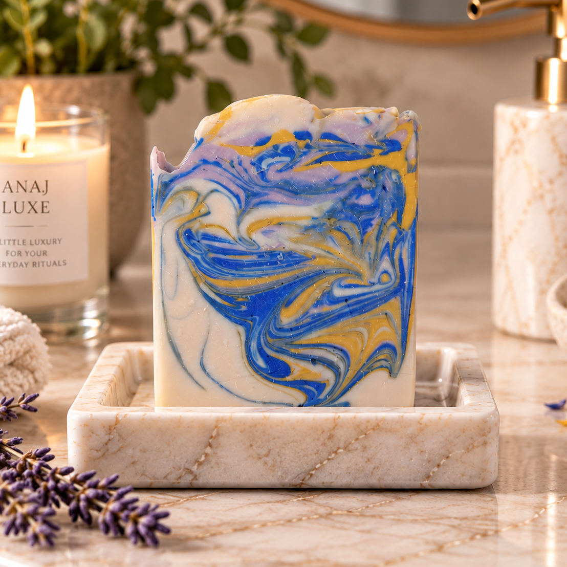 A marbled handmade soap bar with swirls of blue, yellow, and white sits in a marble soap dish on a bathroom counter. A lit candle labeled 'ANAJ LUXE' is to the left, with a gold pump bottle, plants, and lavender sprigs in the background and foreground.