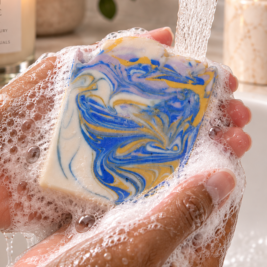 A hand-washed bar of soap with a blue, yellow, and white marbled pattern, held under running water in a sink. A lit candle labeled 'ANAJ LUXE' is visible in the background, along with a gold faucet and a plant.