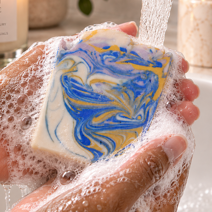 A hand-washed bar of soap with a blue, yellow, and white marbled pattern, held under running water in a sink. A lit candle labeled 'ANAJ LUXE' is visible in the background, along with a gold faucet and a plant.