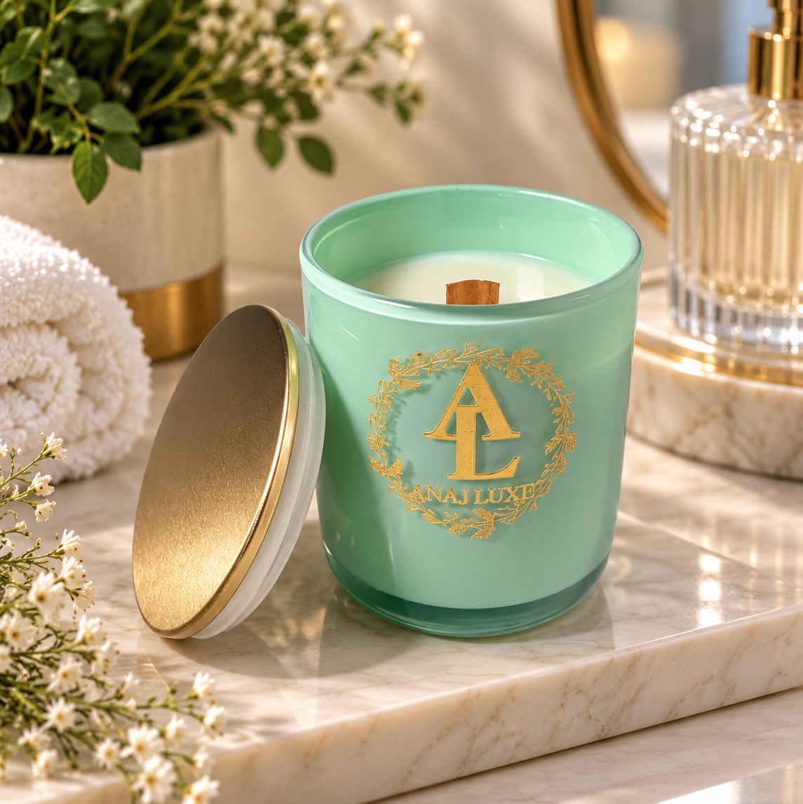 A mint green glass candle jar with a gold monogram logo and gold lid, set on a marble surface with a rolled towel, flowers, and a glass bottle in a bright bathroom setting.