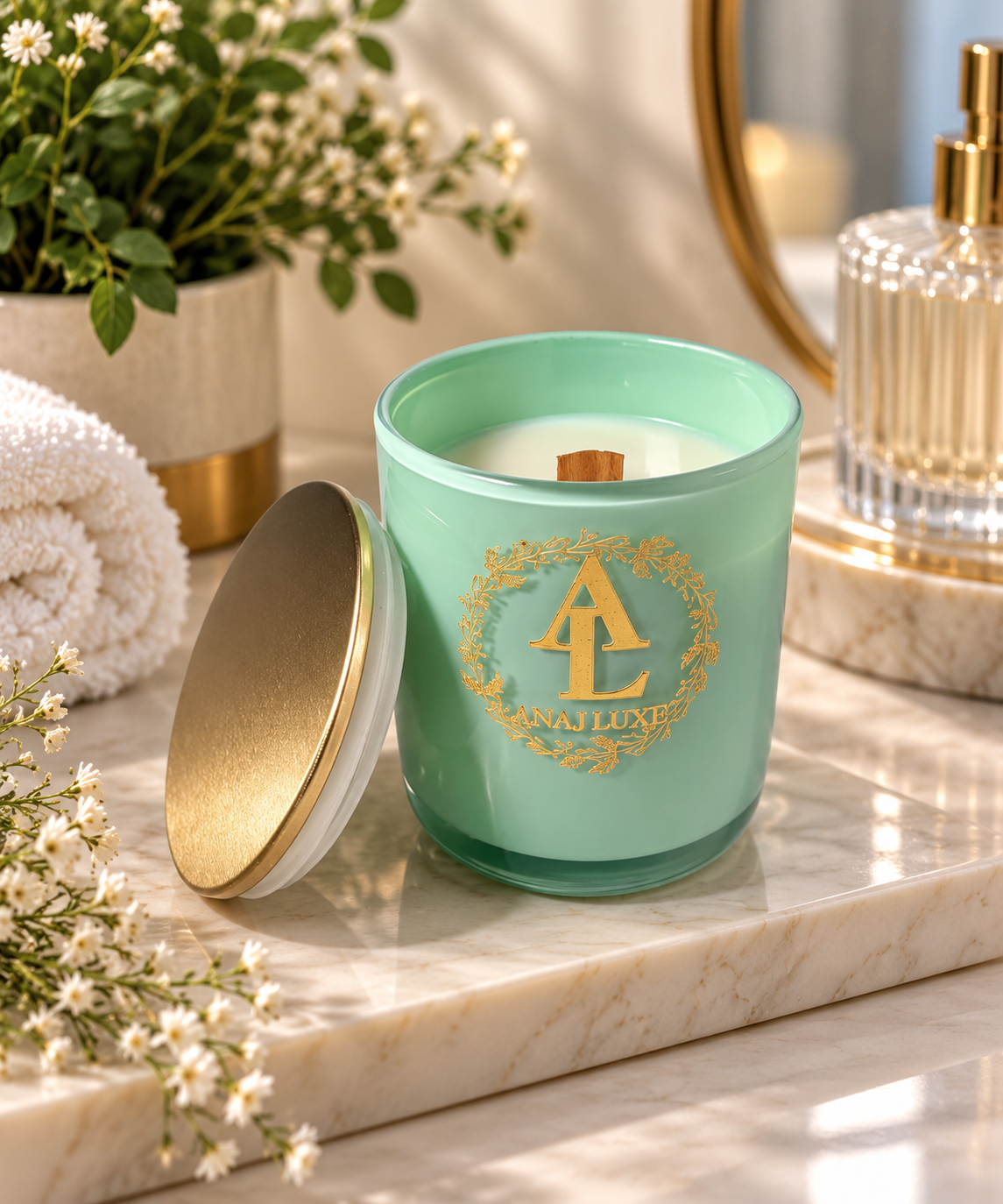A mint green glass candle jar with a gold monogram logo and gold lid, set on a marble surface with a rolled towel, flowers, and a glass bottle in a bright bathroom setting.
