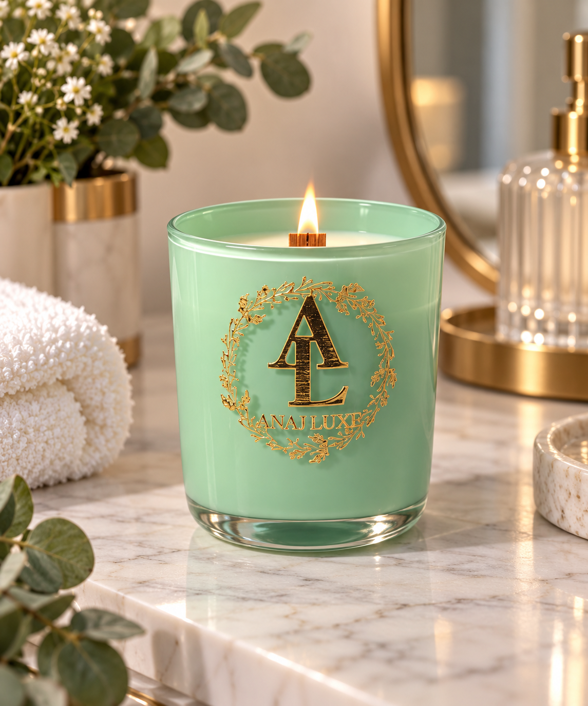 A mint green glass jar candle with a gold monogram logo reading 'A L ANA LUXE' on the front, lit and set on a marble bathroom counter with a folded towel, plant, and gold-toned accessories in the background.