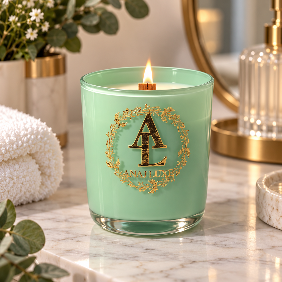 A mint green glass jar candle with a gold monogram logo reading 'A L ANA LUXE' on the front, lit and set on a marble bathroom counter with a folded towel, plant, and gold-toned accessories in the background.