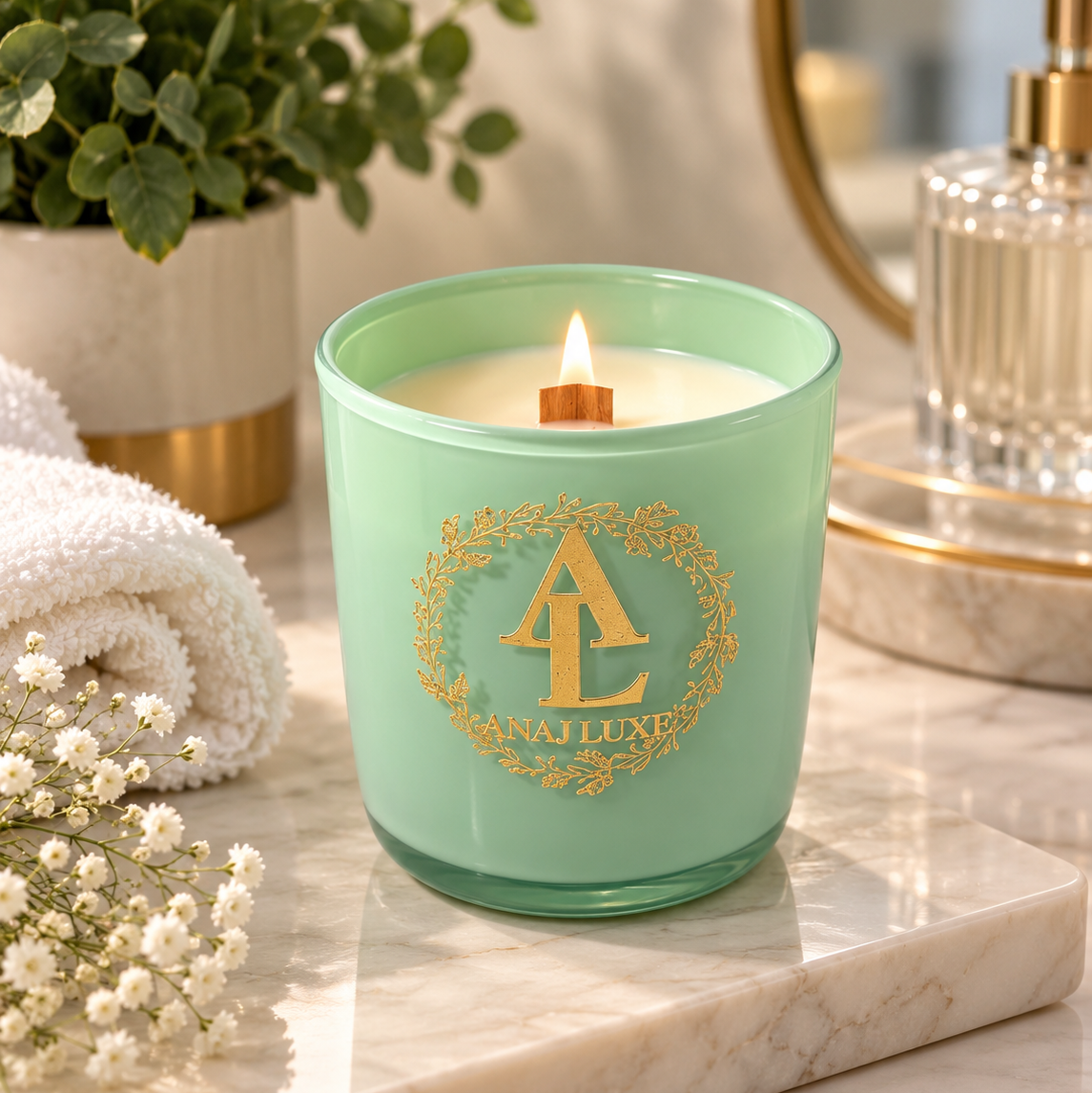 A mint green glass jar candle with a lit wick sits on a marble tray in a bathroom setting, featuring a gold monogram logo that reads 'ANALUXE' inside a floral wreath. A white towel, baby's breath flowers, and a potted plant are visible in the background.