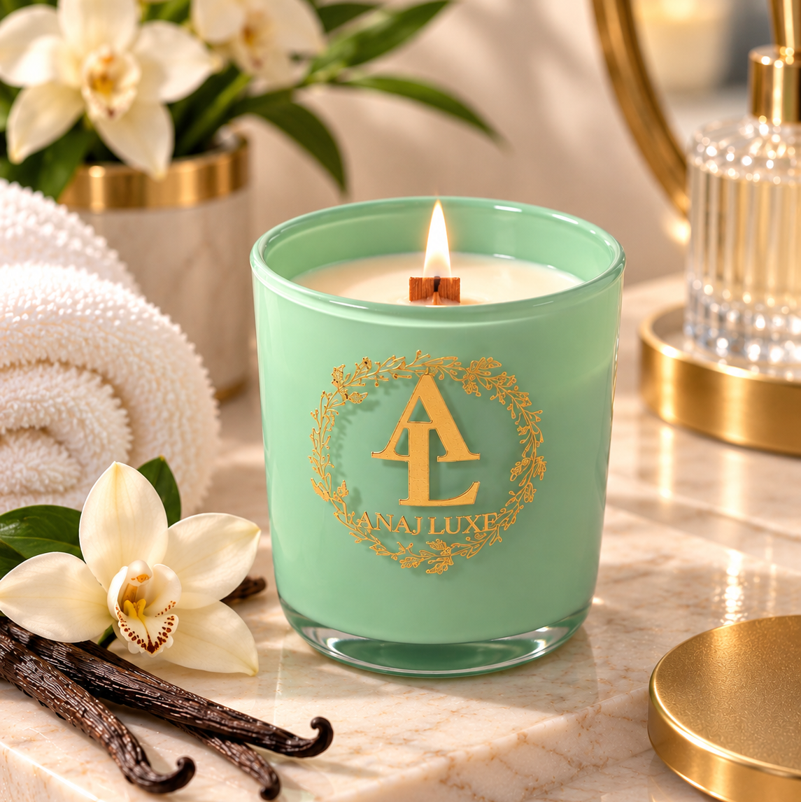 A mint green glass candle jar with a gold monogram logo reading 'ANALUXE' sits on a marble tray in a styled bathroom setting. The candle is lit, with rolled towels, vanilla beans, white orchids, and gold-toned accessories in the background.