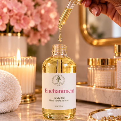 A hand holds a gold dropper above a clear bottle of Enchantment Body Oil, with golden oil dripping into the bottle. The bottle has a white label with pink text and a gold crest logo.