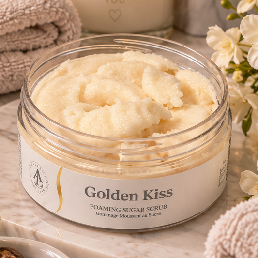 A jar of Golden Kiss Foaming Sugar Scrub sits on a marble surface with spa props, including a lit candle, folded towels, flowers, and small bowls. The product jar is clear with pale creamy scrub visible inside and a white label with gold text.