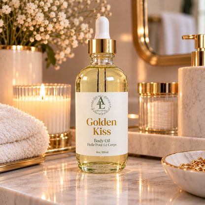 A bottle of 'Golden Kiss' body oil by Aromantic Living sits on a marble bathroom counter, surrounded by candles, a folded towel, and gold-toned bathroom accessories.