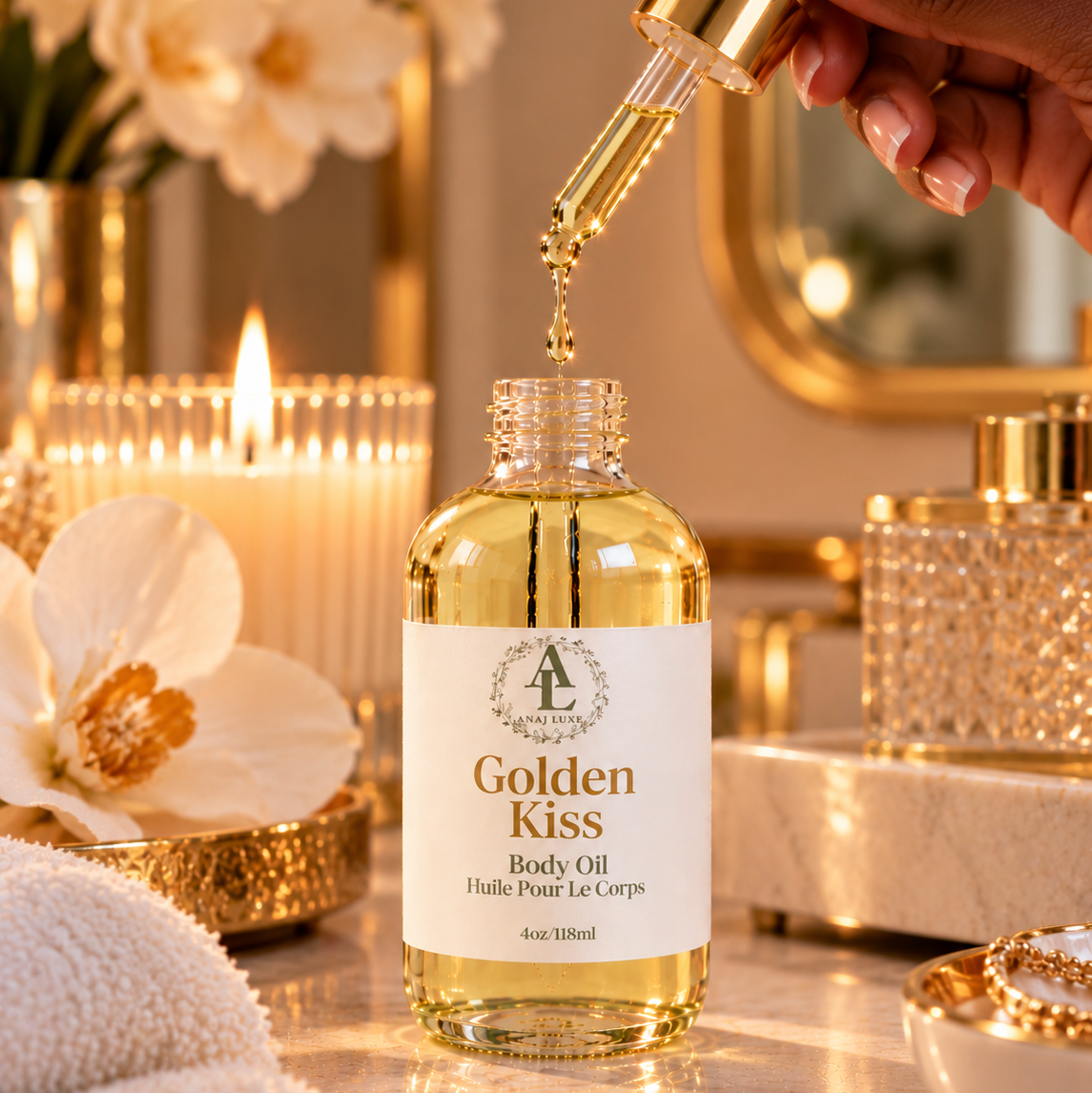 A hand holds a glass dropper above a bottle of Golden Kiss Body Oil, with the golden oil dripping into the bottle. The bottle is set on a marble surface with a lit candle, white orchids, and gold-toned bathroom accessories in the background.