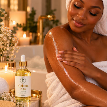 A woman wrapped in a white towel applies a glossy golden body oil to her upper arm in a warm spa-like setting. A bottle labeled Golden Kiss Body Oil sits on a marble surface beside candles, flowers, and gold-toned bathroom accessories.
