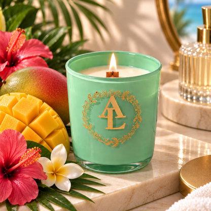 A mint green glass candle with a gold monogram logo and wreath design, lit and styled on a marble surface with tropical flowers, a mango, and a perfume bottle in the background.