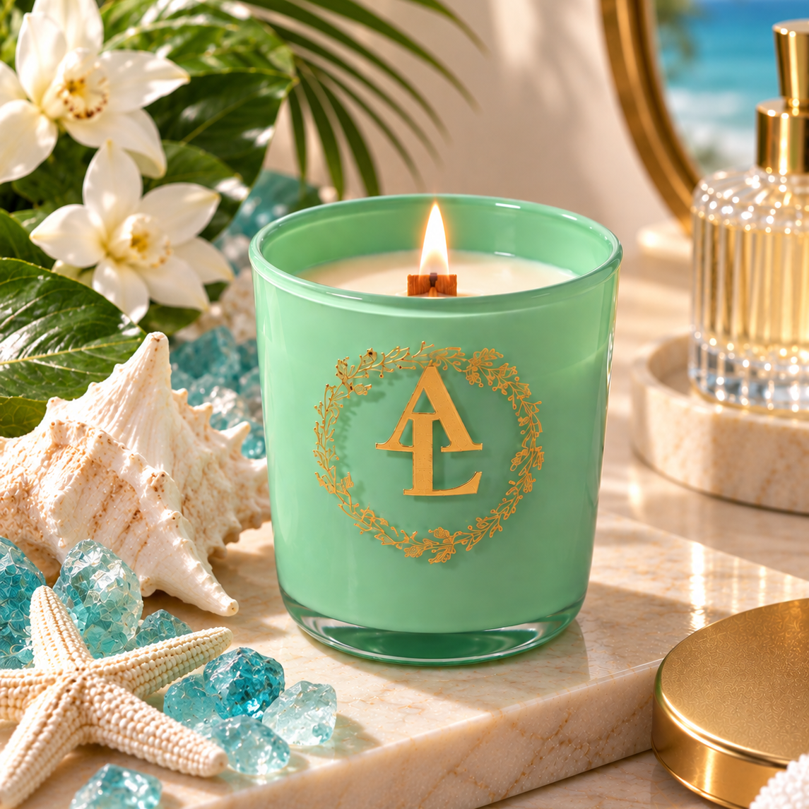 A mint green glass candle jar with a gold monogram logo, lit and styled on a marble tray with seashells, blue crystals, tropical leaves, and a perfume bottle in the background.