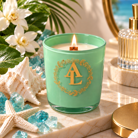 A mint green glass candle jar with a gold monogram logo, lit and styled on a marble tray with seashells, blue crystals, tropical leaves, and a perfume bottle in the background.