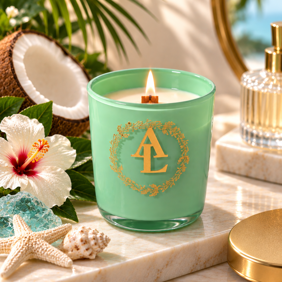 A mint green glass jar candle with a gold monogram logo on the front, lit and styled on a marble surface with tropical props including a hibiscus flower, starfish, seashells, palm leaves, and a gold-framed mirror.