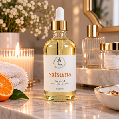 A bottle of Satsuma body oil with a white dropper cap and gold collar, set on a marble surface with candles, flowers, and skincare items in a warm bathroom-like setting.