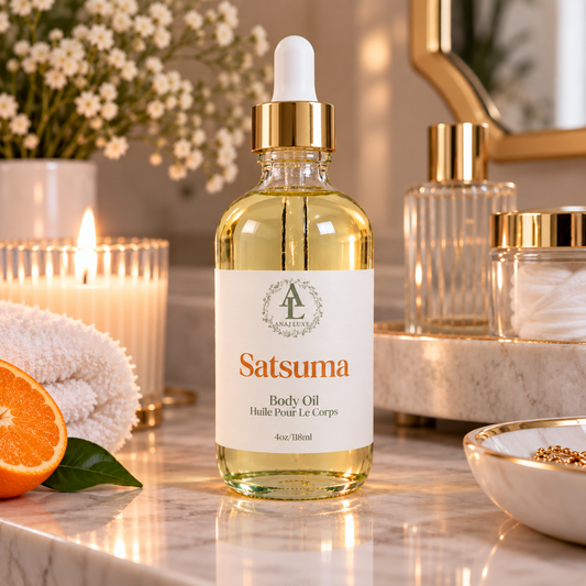 A bottle of Satsuma body oil with a white dropper cap and gold collar, set on a marble surface with candles, flowers, and skincare items in a warm bathroom-like setting.