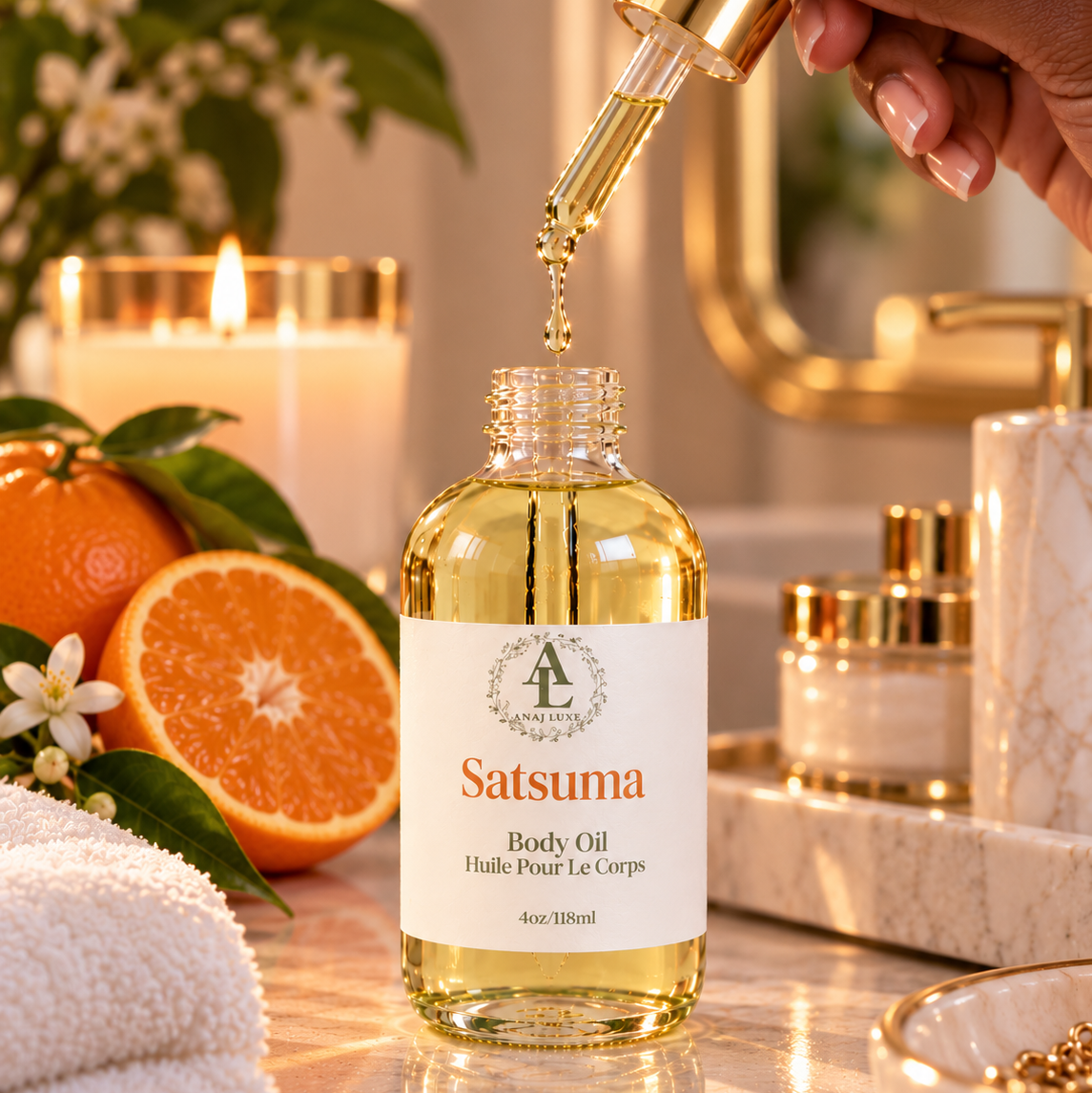 A bottle of Satsuma body oil with a gold dropper being filled, set on a marble countertop with citrus, a candle, and spa accessories in a warm bathroom setting.
