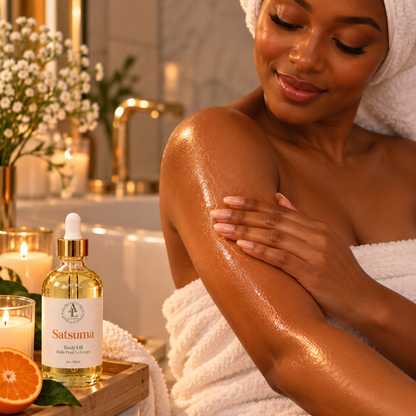 A woman wrapped in white towels sits by a bathtub, applying a glossy body oil to her arm. A bottle labeled Satsuma Double Oil is placed on a wooden tray beside her, with candles, flowers, and an orange slice in a spa-like setting.