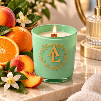 A mint green glass candle jar with a gold monogram logo, lit and styled on a marble surface with peaches, oranges, white flowers, and a gold perfume bottle in the background.