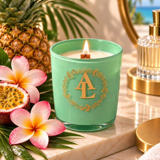 A mint green glass candle jar with a gold monogram logo and wreath design, lit with a small flame. The candle is styled on a marble tray with tropical flowers, a pineapple, a halved passion fruit, and a gold bottle in the background.