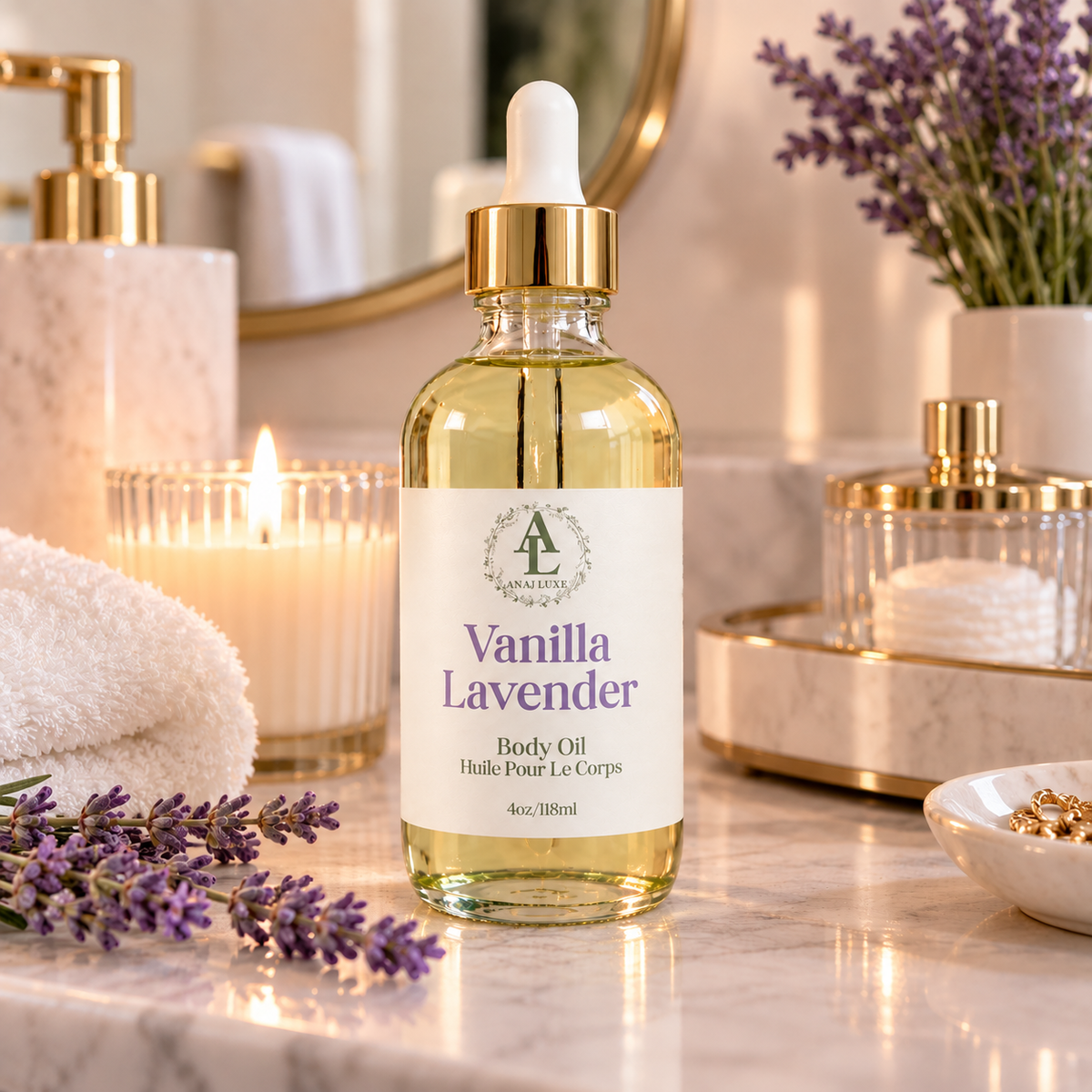 A bottle of lavender body oil with a white dropper cap and gold collar, labeled 'Vanilla Lavender' by Authenticity, set on a marble bathroom counter with lavender sprigs, a candle, towels, and gold-toned accessories in the background.