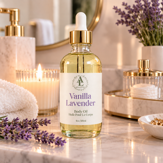 A bottle of lavender body oil with a white dropper cap and gold collar, labeled 'Vanilla Lavender' by Authenticity, set on a marble bathroom counter with lavender sprigs, a candle, towels, and gold-toned accessories in the background.