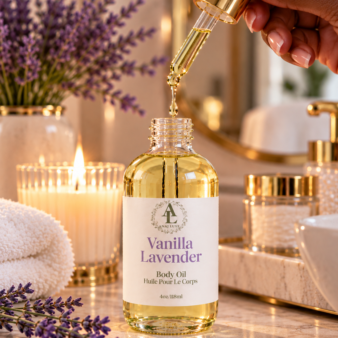 A bottle of Vanilla Lavender body oil with a gold dropper being filled, set on a marble bathroom counter with lavender sprigs, a candle, and a hand holding the dropper.