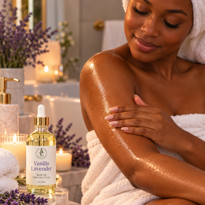 A woman wrapped in white towels sits in a spa-like setting, applying a glossy body oil to her shoulder. A bottle labeled Vanilla Lavender body oil with a dropper sits on a marble surface nearby, with lavender flowers and lit candles in the background.