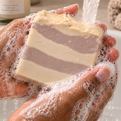 A person holds a striped bar of soap under running water in a sink, with soap lather covering their hands. A lit candle labeled 'ANAJ LUXE' and a brass faucet are visible in the background.