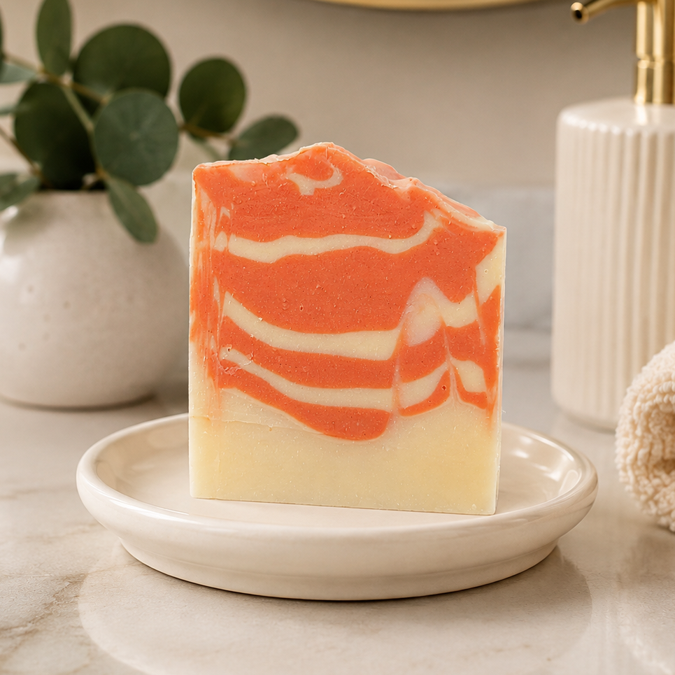 A rectangular bar of soap with orange and cream marbled swirls sits on a small cream dish on a marble countertop. A folded cream towel, a ribbed cream pump bottle, a gold faucet, and a small plant are visible in the softly lit bathroom setting.