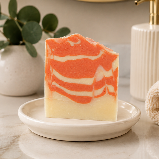 A rectangular bar of soap with orange and cream marbled swirls sits on a small cream dish on a marble countertop. A folded cream towel, a ribbed cream pump bottle, a gold faucet, and a small plant are visible in the softly lit bathroom setting.