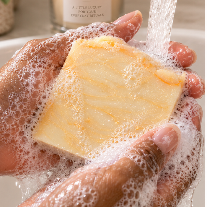 A hand holds a rectangular bar of pale yellow soap under running water from a brass faucet, with lathered foam around it. A candle labeled ANAJ LUXE sits blurred in the background near a plant.