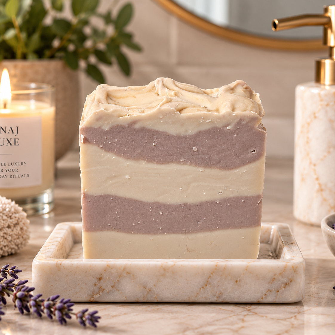 A layered bar of soap with cream and dusty lavender-purple stripes sits on a marble tray on a bathroom counter. The scene includes a lit candle labeled 'ANJ LUXE', lavender sprigs, a soap dispenser, and dried lavender in a bowl, creating a spa-like setting.