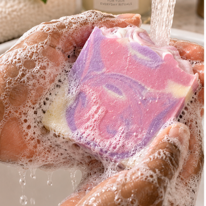 A hand-washed bar of soap with pink, purple, and cream swirls under running water, with a candle labeled 'ANAJ LUXE' in the background.