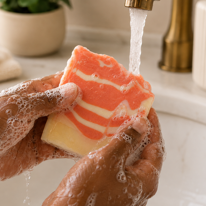 A close-up of hands washing a striped orange and yellow soap bar under running water from a brass faucet in a bathroom sink.