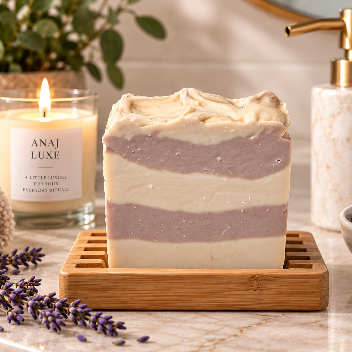 A rectangular bar of layered soap in cream and lavender sits on a wooden soap dish on a marble countertop. A lit candle labeled 'ANAJ LUXE' is behind it, with lavender sprigs, a soap dispenser, and a bowl of lavender around it.